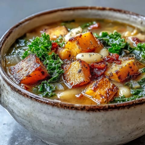 A close-up bowl of hearty Winter Minestrone Soup, packed with tender kale and butternut squash, topped with Parmesan and parsley.