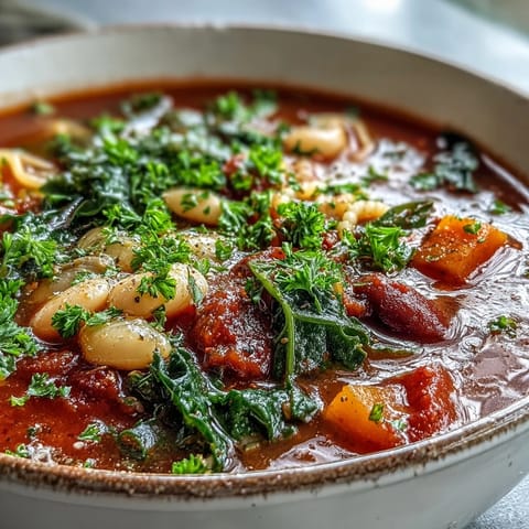 A hearty ladle of Winter Minestrone Soup reveals beans, pasta, and tender kale in rich broth.