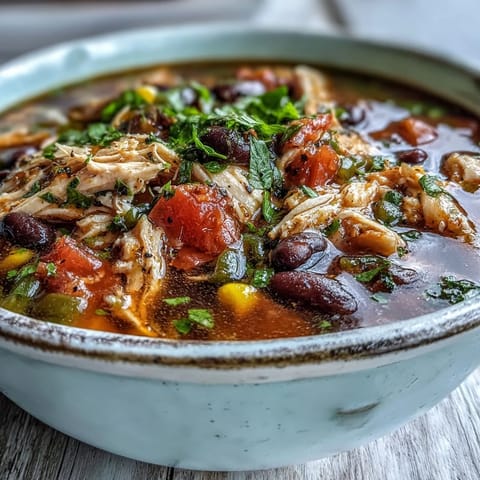 A hearty ladle of Southwestern Turkey Soup with black beans and corn served in a rustic ceramic bowl.