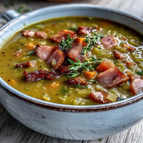 Steaming Split Pea and Ham Soup is ladled from a Dutch oven into a rustic bowl.