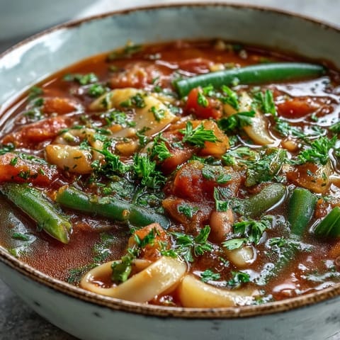Steaming bowl of homemade Minestrone Soup, packed with colorful vegetables, beans, and pasta, topped with fresh parsley.
