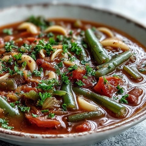 A hearty pot of Minestrone Soup simmering on the stove, filled with tomatoes, carrots, and zucchini for a cozy meal.