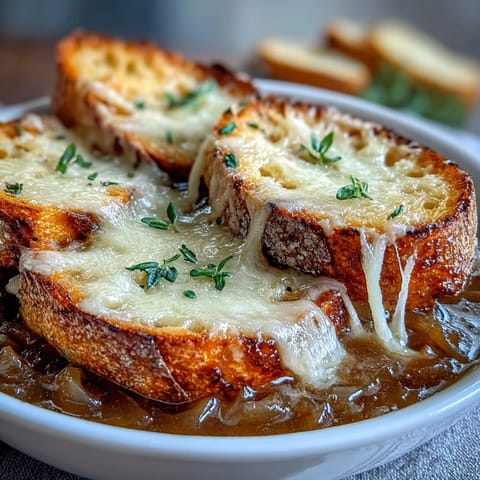 Golden-brown, cheesy Dutch Oven French Onion Soup in rustic ceramic bowls.