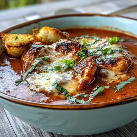 A warm bowl of Grilled Chicken Parmesan Soup, topped with melted cheeses, fresh basil, and crunchy garlic croutons.