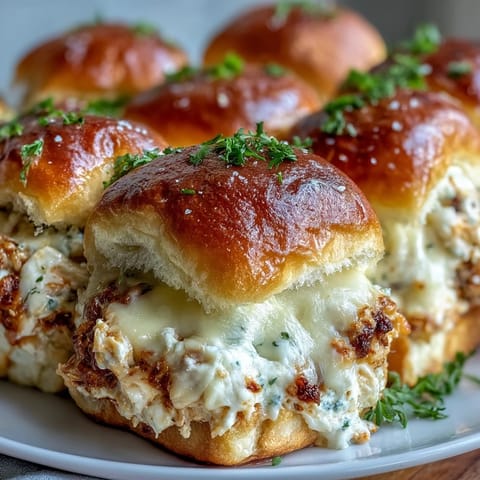 Freshly baked Pizza Dip Sliders with bubbly, golden cheese and a creamy Buffalo chicken filling on soft buns.