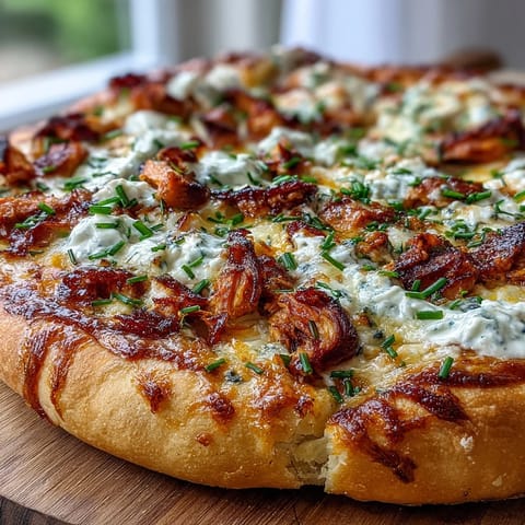 Sliced into wedges, this Buffalo Chicken Pizza showcases creamy ranch drizzle, red onions, and fresh chives for a tangy, game-day feast.