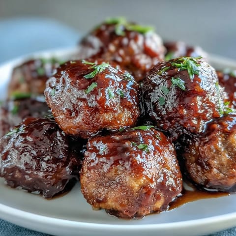 Golden Slow Cooker Peach Glazed Meatballs simmer in a sticky, sweet and tangy sauce, served bubbling with toothpicks for easy party sharing.