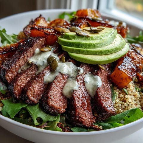 Roasted butternut squash steak bowls are served over fluffy quinoa and greens, topped with avocado and pumpkin seeds.