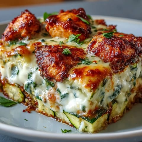 Freshly baked High Protein Chicken Zucchini Bake with golden melted mozzarella and Parmesan, served warm and bubbly from the oven.