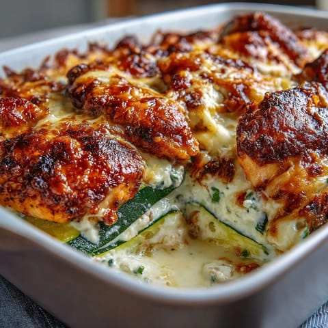 Layers of tender seared chicken and crisp zucchini slices in a creamy yogurt egg blend, topped with bubbly cheese in a baking dish.