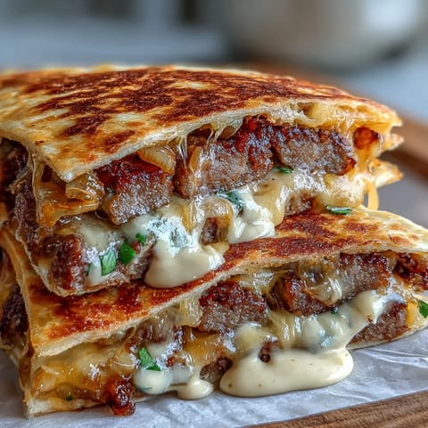 Two crispy wedges of Cheesy Griddled Smashburger Quesadillas served with fresh pickles and a creamy dipping sauce.