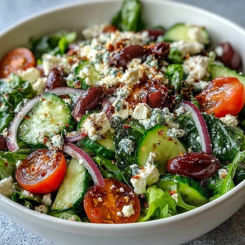 This fresh Mediterranean Green Salad Bowl features a colorful mix of greens, briny olives, and creamy feta cheese.