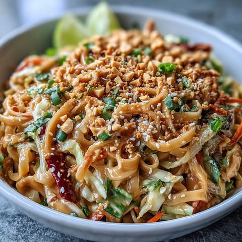 Vibrant Asian Peanut Noodle Bowl tossed with julienned carrots, red cabbage, and sesame peanut dressing.