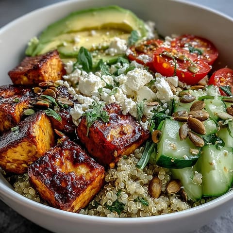 A vibrant Simple Grain Bowl with fluffy rice, chickpeas, avocado, and cherry tomatoes, drizzled with lemon dressing and topped with pumpkin seeds and feta.