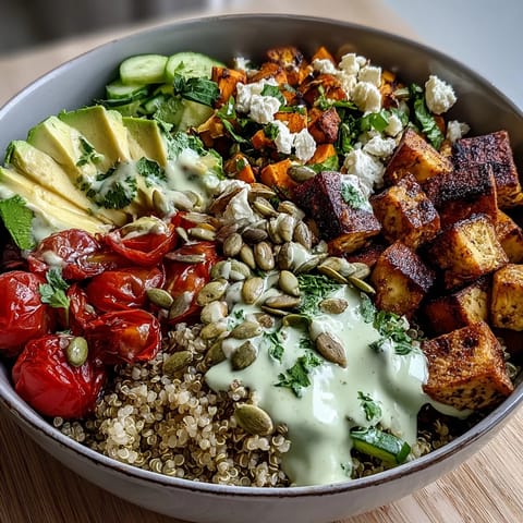 Hearty Customizable Grain Bowl featuring fluffy brown rice, baked tofu, crisp broccoli, and carrots, topped with crunchy toasted seeds and herbs.