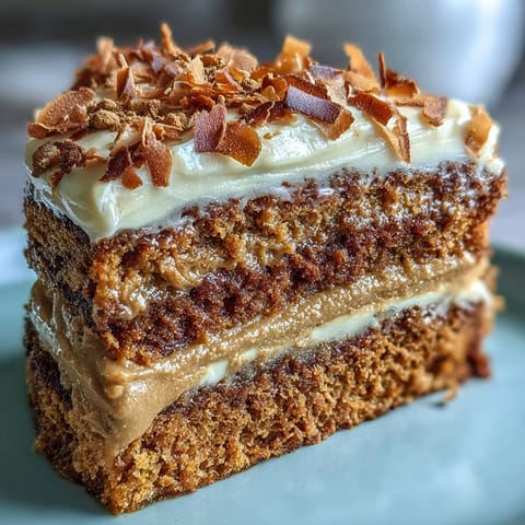 A sliced Vegan Hojicha Latte Cake reveals a moist, dark crumb topped with creamy coconut frosting and toasted flakes.