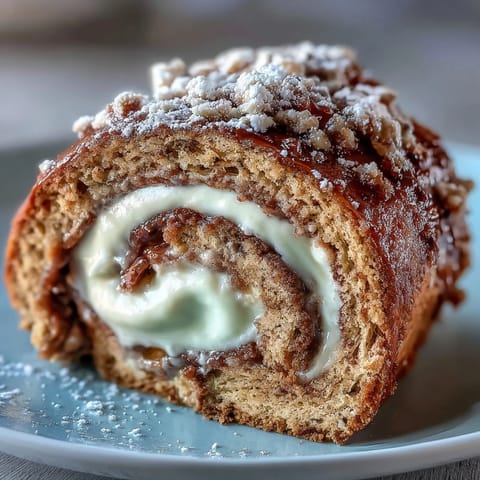 Sliced Hojicha Roll Cake reveals a spiral of roasted green tea cream and vibrant mango strips on a wooden board.
