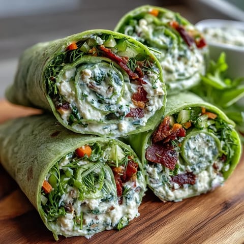 Vibrant green spinach tortilla wraps filled with herb cream cheese and crisp vegetable strips, perfect for healthy snacking.