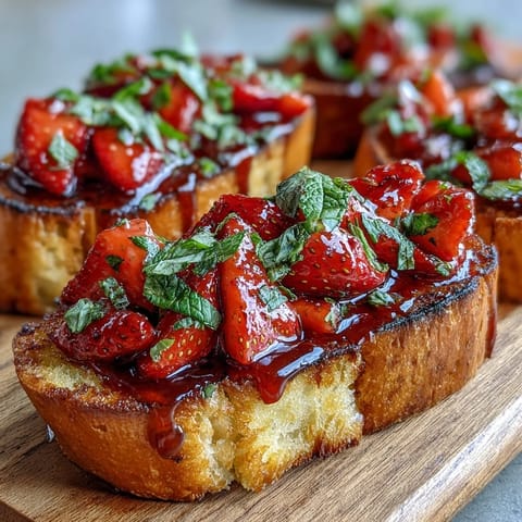 Fresh strawberry bruschetta with balsamic and mint on toasted baguette slices, perfect for summer gatherings and light appetizers.  