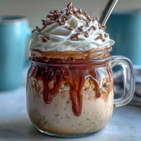 Vanilla Bean Frappuccino Overnight Oats in a jar with whipped cream and chocolate chips.