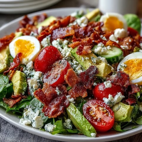Spring Cobb Salad with Strawberries and Avocado, a vibrant mix of fresh greens, juicy berries, creamy avocado, and tangy feta cheese.
