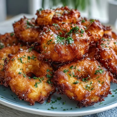Crispy dandelion fritters with herb dipping sauce, golden and crunchy, served on a rustic wooden board with fresh herbs.  