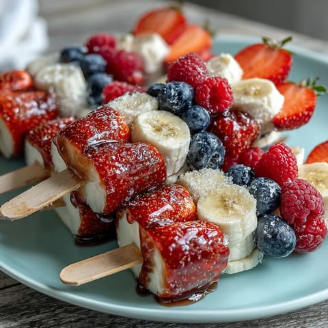 Festive Fourth of July red white blue fruit skewers with strawberries, bananas, and blueberries for patriotic celebrations.
