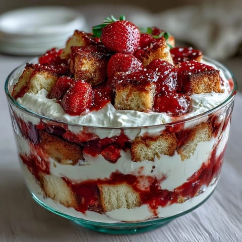 Vibrant Mothers Day Strawberry Shortcake Trifle with fresh berries and fluffy whipped cream in a glass bowl.