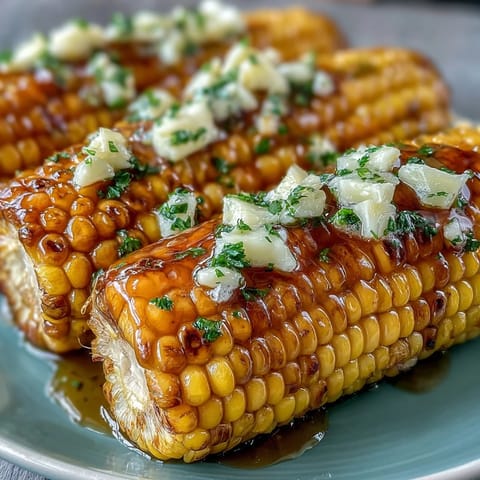 Microwave corn on the cob with garlic butter, golden and glistening, ready to serve with lemon wedges.