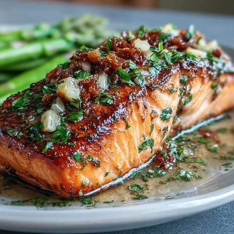 Garlic Butter Salmon with Asparagus, golden fillets pan-seared and drizzled with rich garlic butter sauce alongside crisp green asparagus spears.