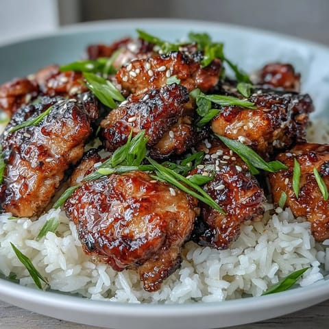 Honey garlic chicken thighs over rice, garnished with sesame seeds and green onions, perfect for a cozy dinner.  