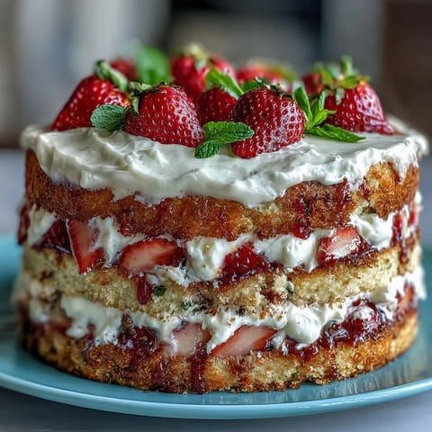 Naked Spring Cake with Strawberries and Cream, a light sponge layered with fresh strawberries and fluffy whipped cream.