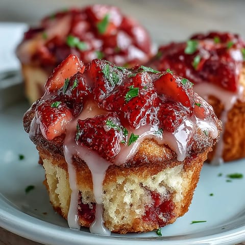 Bright strawberry lemon muffins with tangy glaze, perfect for a fresh and fruity spring brunch treat.