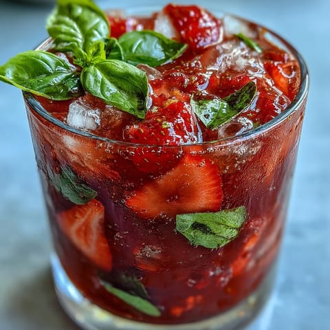 A refreshing strawberry basil mocktail with muddled berries, fresh basil, and sparkling water in a clear glass.