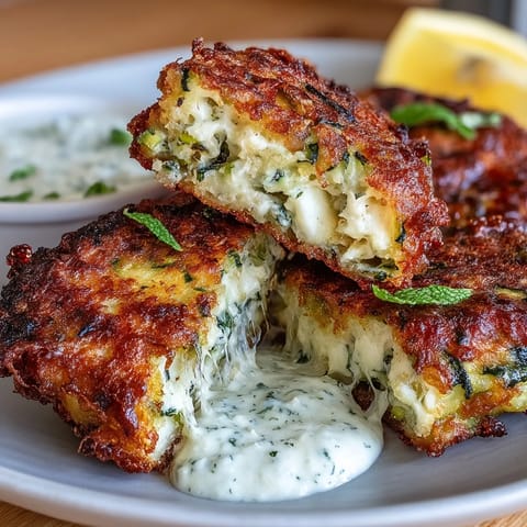 Crispy zucchini fritters with creamy feta and a refreshing yogurt mint dipping sauce, perfect for a Mediterranean appetizer or snack.  