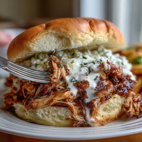 Juicy smoked pulled chicken piled high on soft buns and topped with creamy Alabama-style white BBQ sauce for a tangy Southern bite.