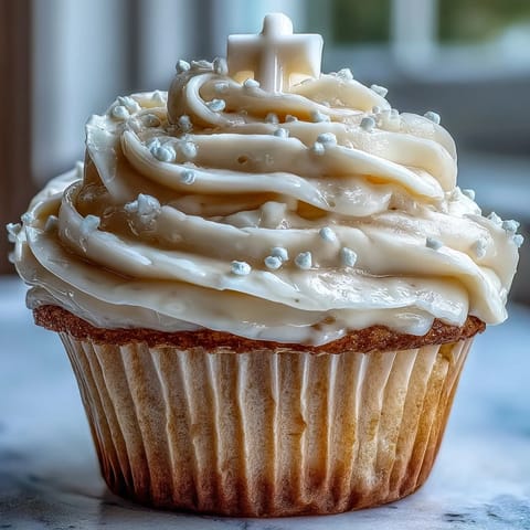 Vanilla cupcakes with white fondant cross toppers, perfect for First Communion celebrations.