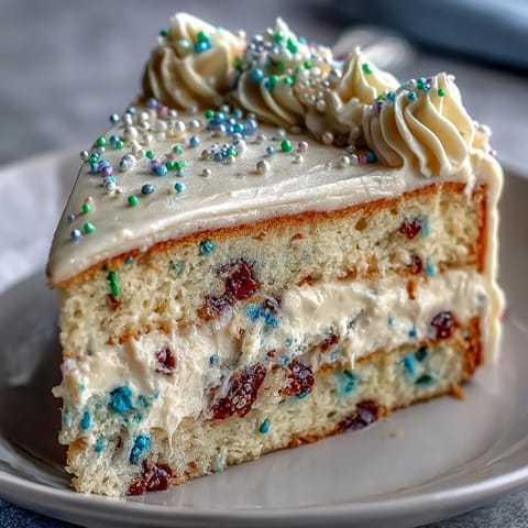 A colorful graduation cake with rainbow sprinkles baked into soft vanilla layers and topped with champagne buttercream frosting.