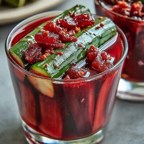 A vibrant cup filled with tangy dill pickle wrapped in fruit roll-up and drizzled with zesty chamoy sauce.  