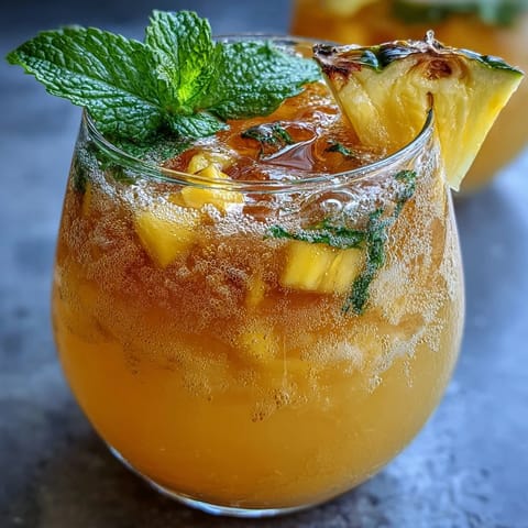 Vibrant mango pineapple punch with sparkling lemonade, fresh fruit slices, and mint leaves in a clear glass punch bowl.