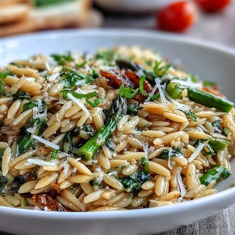 Colorful spring orzo primavera with asparagus, peas, and zucchini in a light parmesan-lemon sauce.