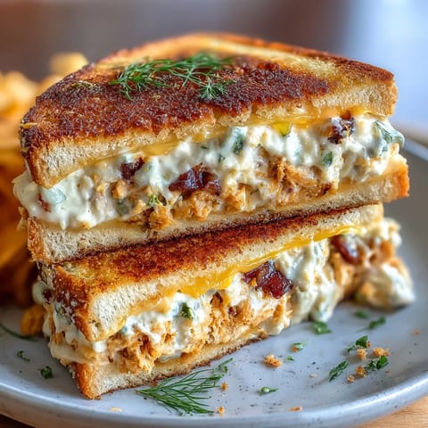 Crispy Tuna Melt sandwich with golden buttered bread, melted cheddar, and tangy pickles.
