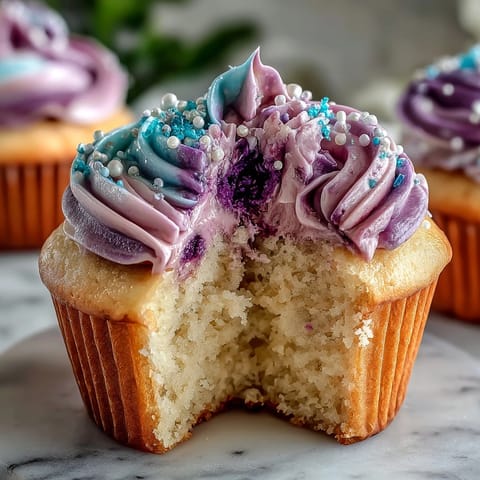Fluffy vanilla Gemini Birthday Cupcakes decadently crowned with a vibrant bicolor buttercream cloud.