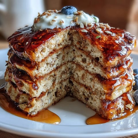 Golden fluffy High Fiber Protein Pancakes, topped with berries and syrup.
