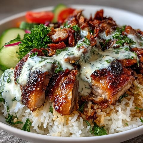 V vibrant Middle Eastern Shawarma Bowl with creamy tahini sauce.