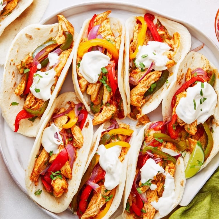 Homemade Chicken Fajitas with Lime Crema, ready to serve for a quick weeknight dinner.