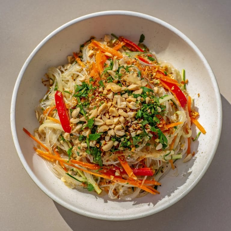Tossing noodles & vegetables in a bowl with rich peanut sauce; a Spicy Peanut Noodle Salad.