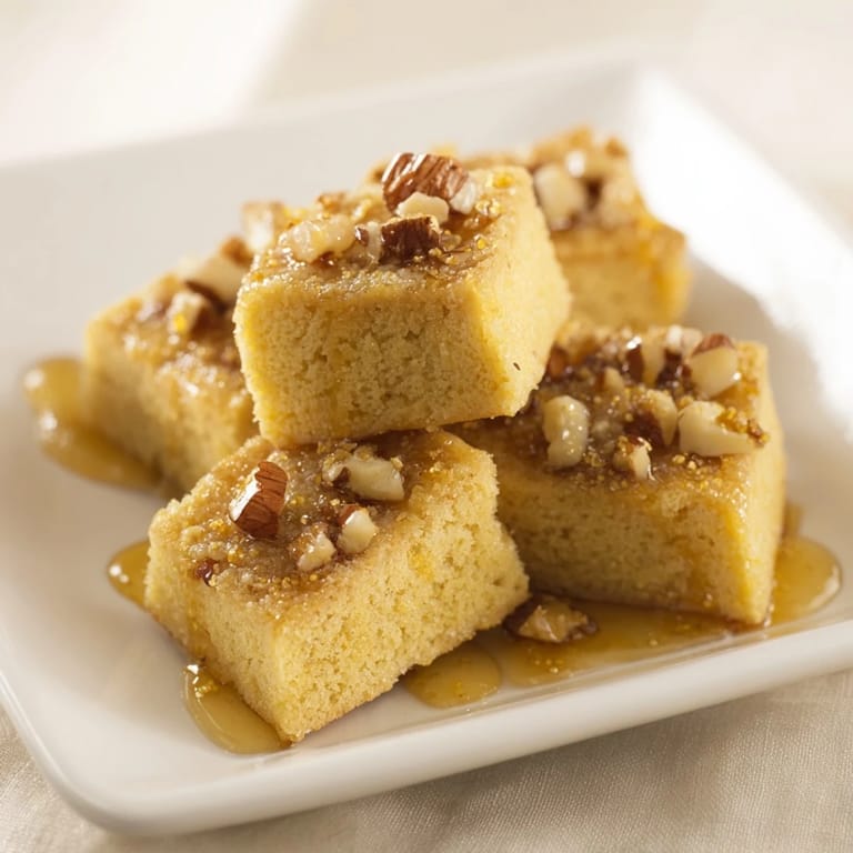 Close-up photo shows a square slice of Light Sweet Hazel Treats, topped with toasted hazelnuts.
