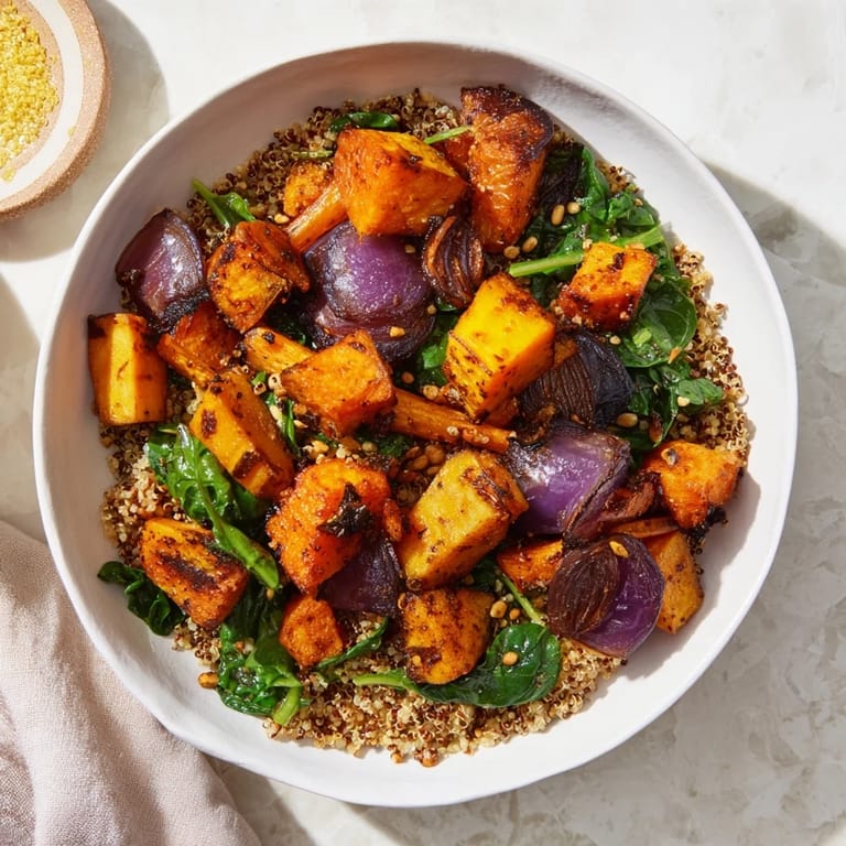 Golden roasted root vegetables in a Warm Herb Bowl, perfectly complemented by fluffy quinoa and fresh greens.