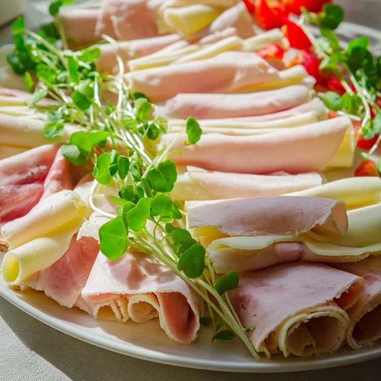 A close-up of delicious turkey and provolone pinwheels showing layers of fresh ingredients.